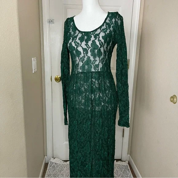BETSEY JOHNSON Vtg 90s Y2K Green Lace Peekaboo Goth Grunge Maxi Dress sz M BETSEY JOHNSON Vtg 90s Y2K Green Lace Peekaboo Goth Grunge Maxi Dress sz M